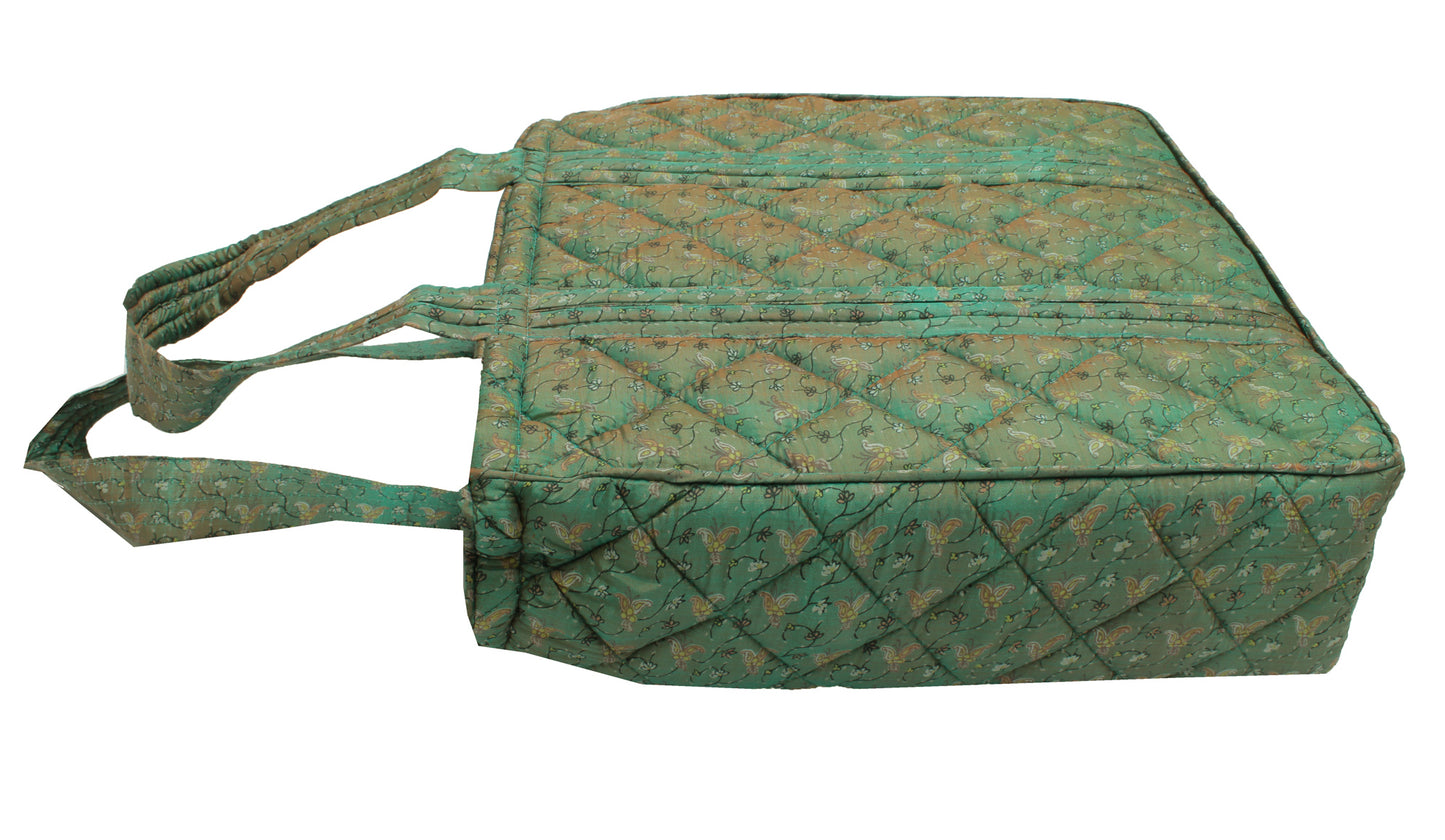 Sushila Vintage Green Tote Bag 100% Pure Silk Printed Handbag Shoulder Bag