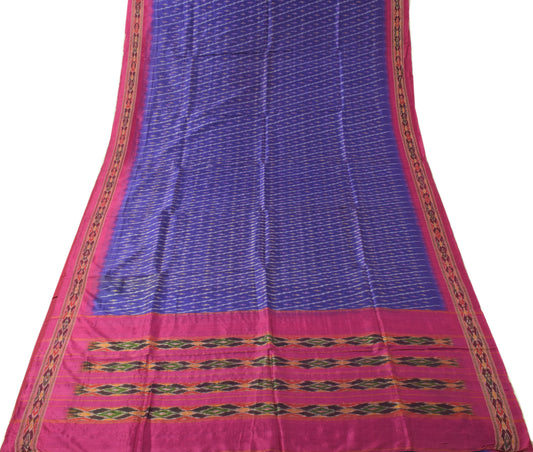 Sushila Vintage Blue Scrap Craft Sari Pure Silk Hand Woven Ikkat Patola Fabric