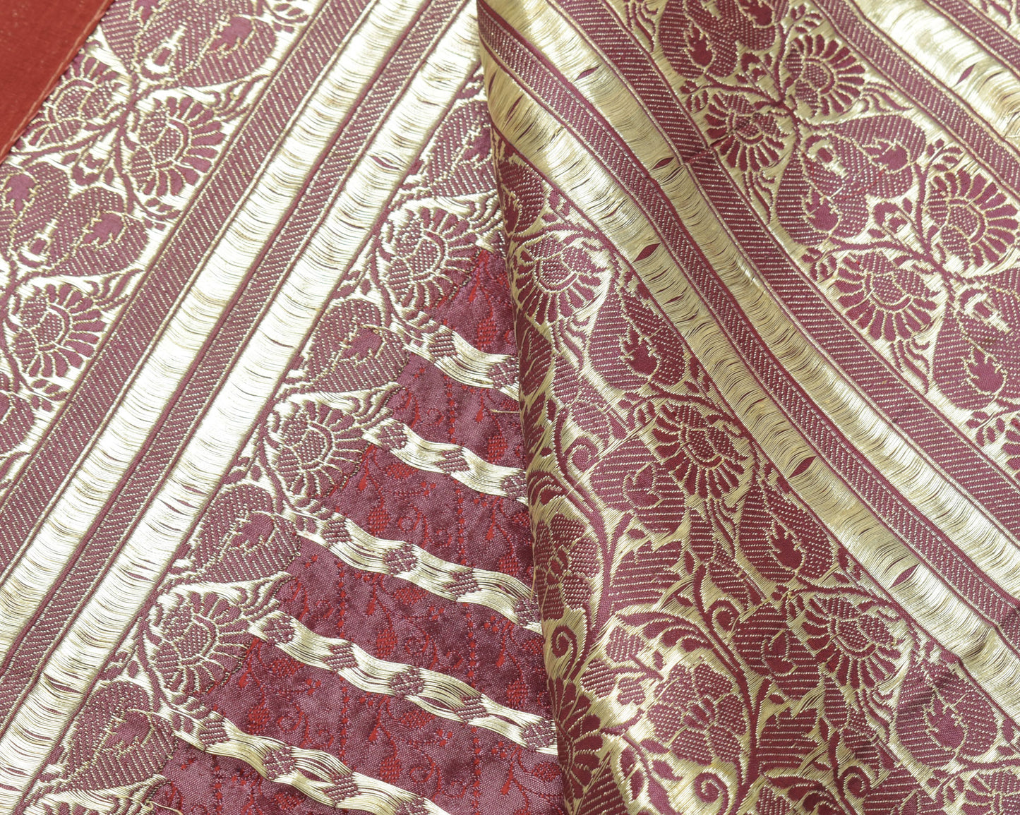 Sushila Vintage Maroon BANARASI Brocade Scrap Sari Pure Silk Woven Sari Fabric