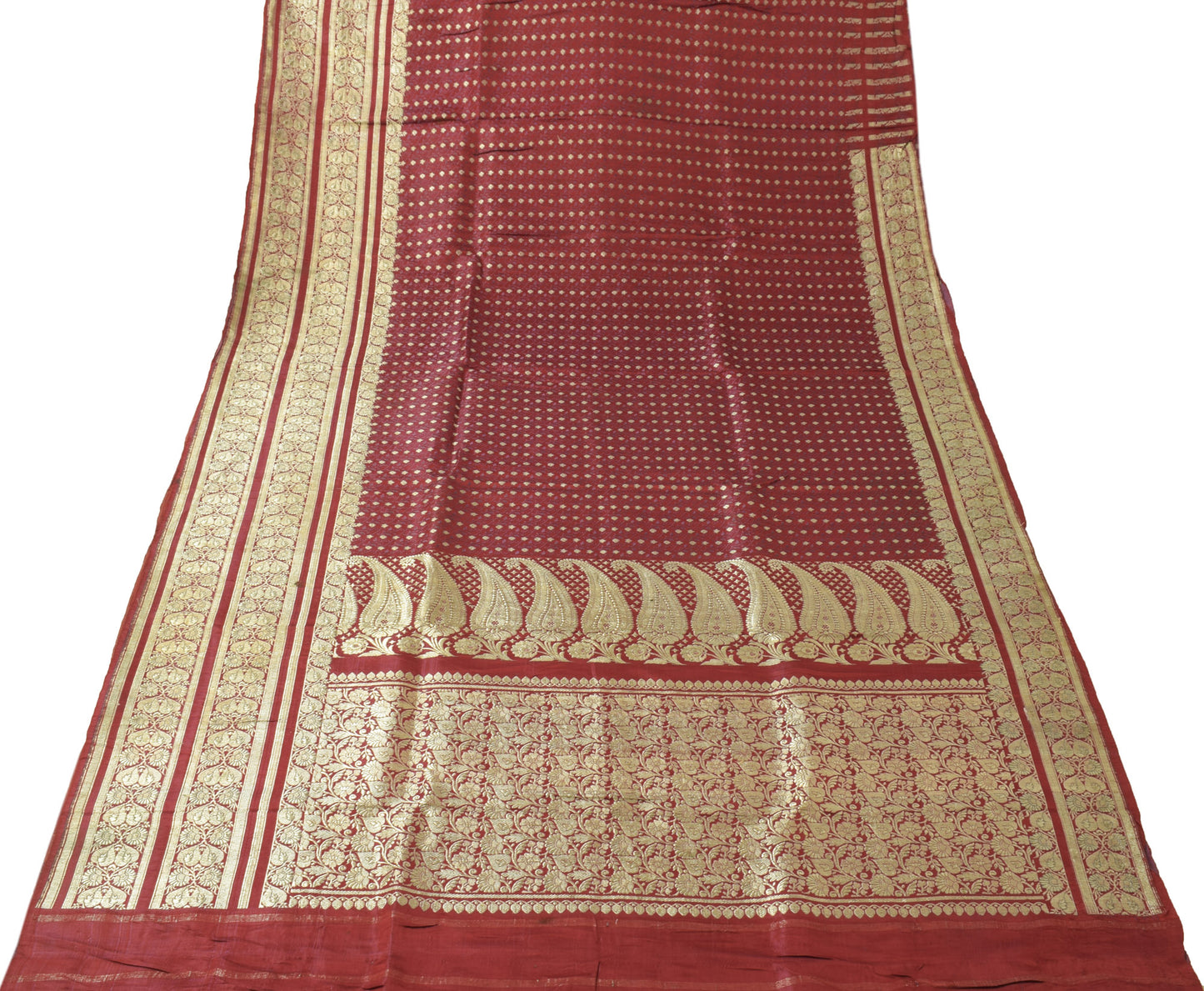 Sushila Vintage Maroon BANARASI Brocade Scrap Sari Pure Silk Woven Sari Fabric