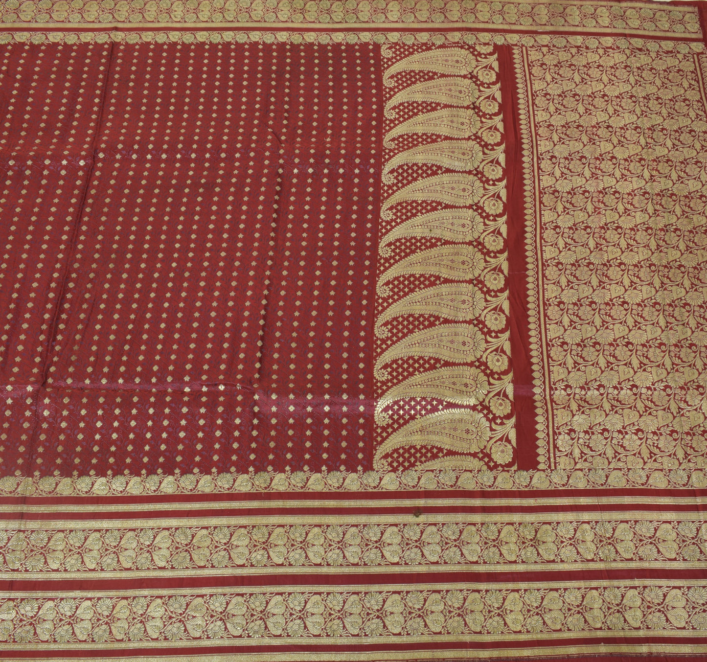 Sushila Vintage Maroon BANARASI Brocade Scrap Sari Pure Silk Woven Sari Fabric