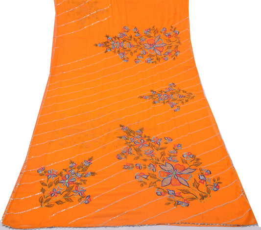 Sushila Vintage Orange Scrap Sari Blend Georgette Hand Beaded Floral Sari Fabric