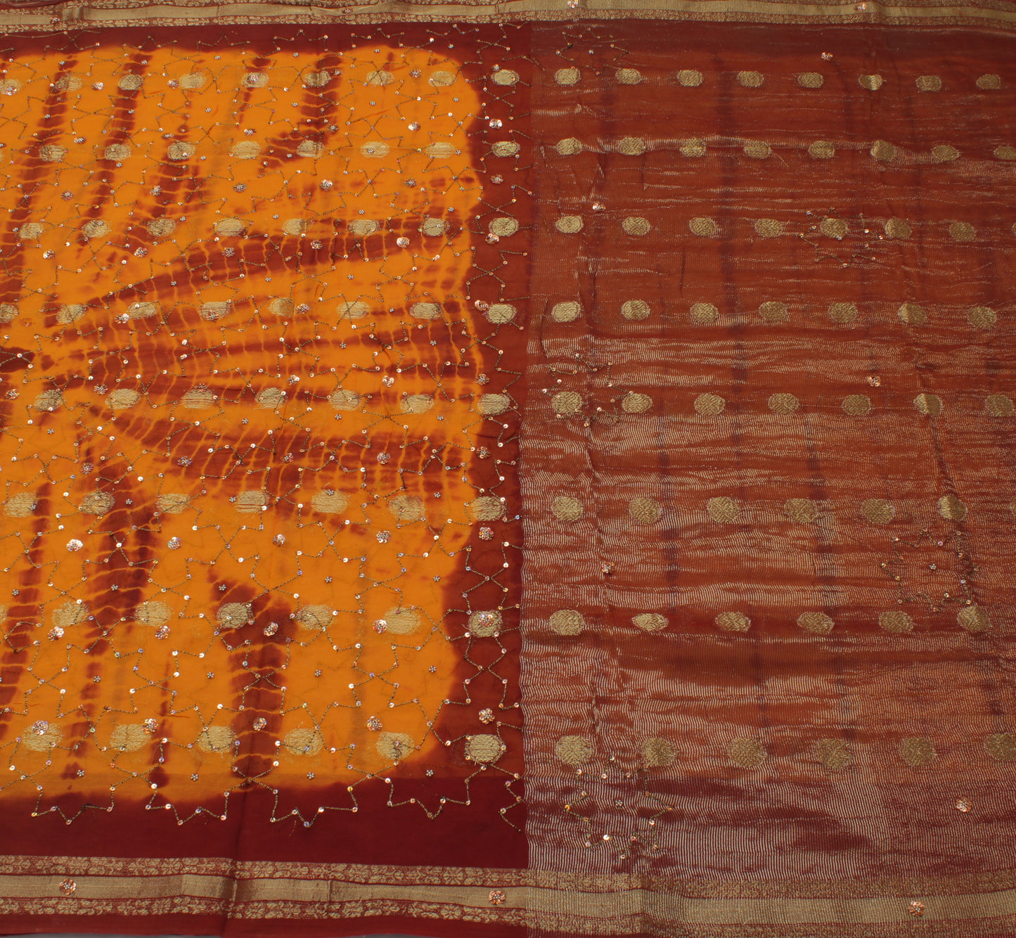 Sushila Vintage Mustard Scrap Sari Blend Georgette Silk Woven Floral Sari Fabric