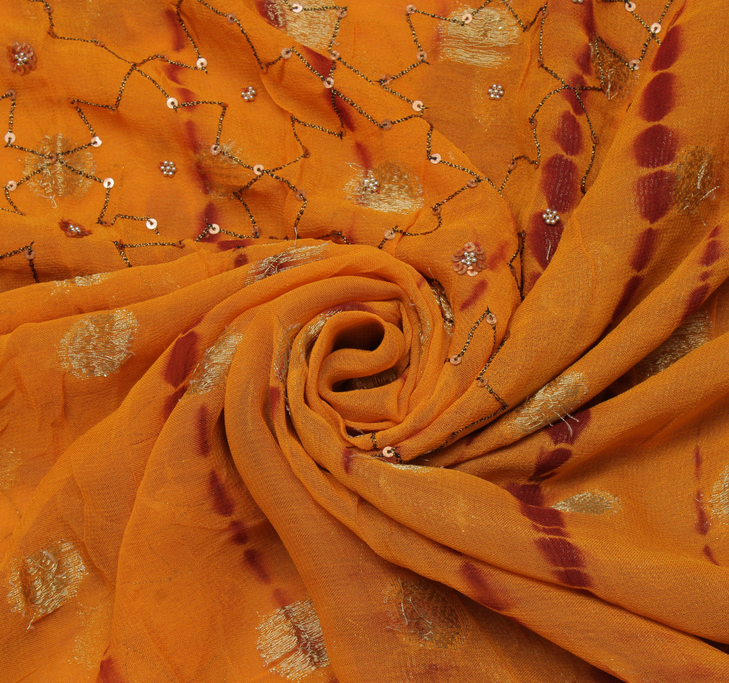 Sushila Vintage Mustard Scrap Sari Blend Georgette Silk Woven Floral Sari Fabric