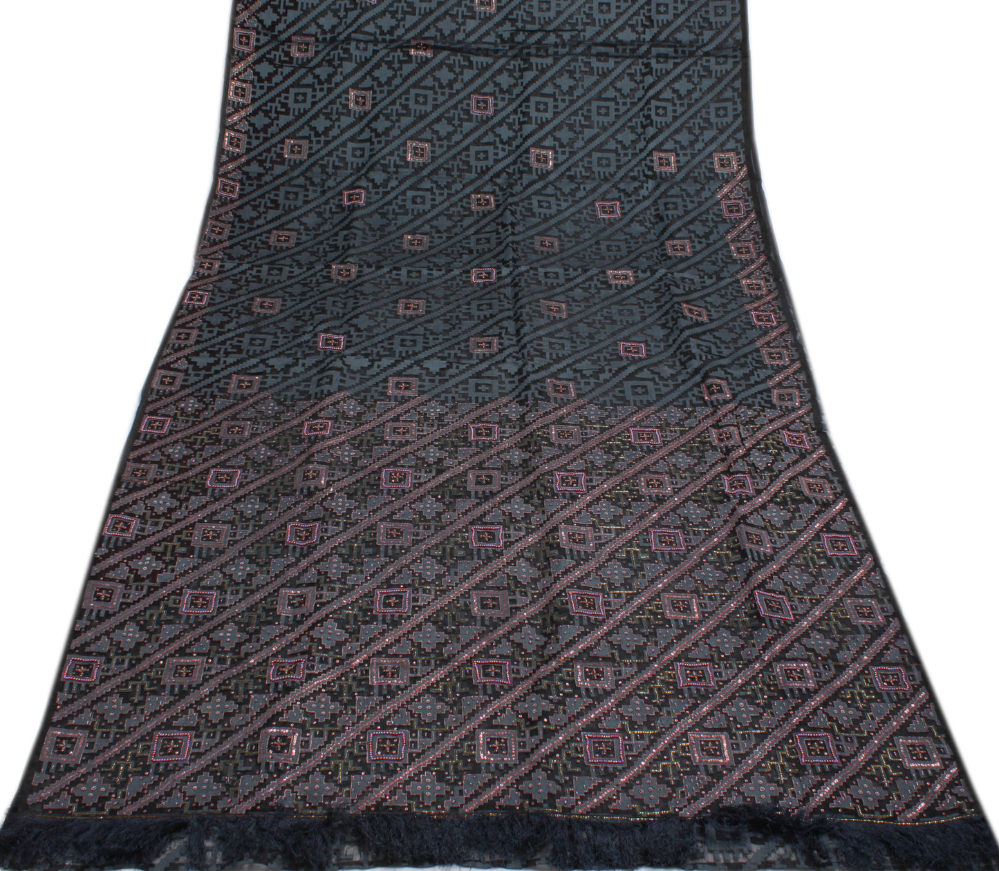 Sushila Vintage Black Scrap Saree Pure Silk Woven Beaded Abstract Sari Fabric