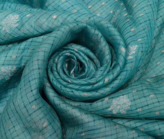 Sushila Vintage Turquoise Blue Scrap Saree Pure Silk Woven Floral Sari Fabric