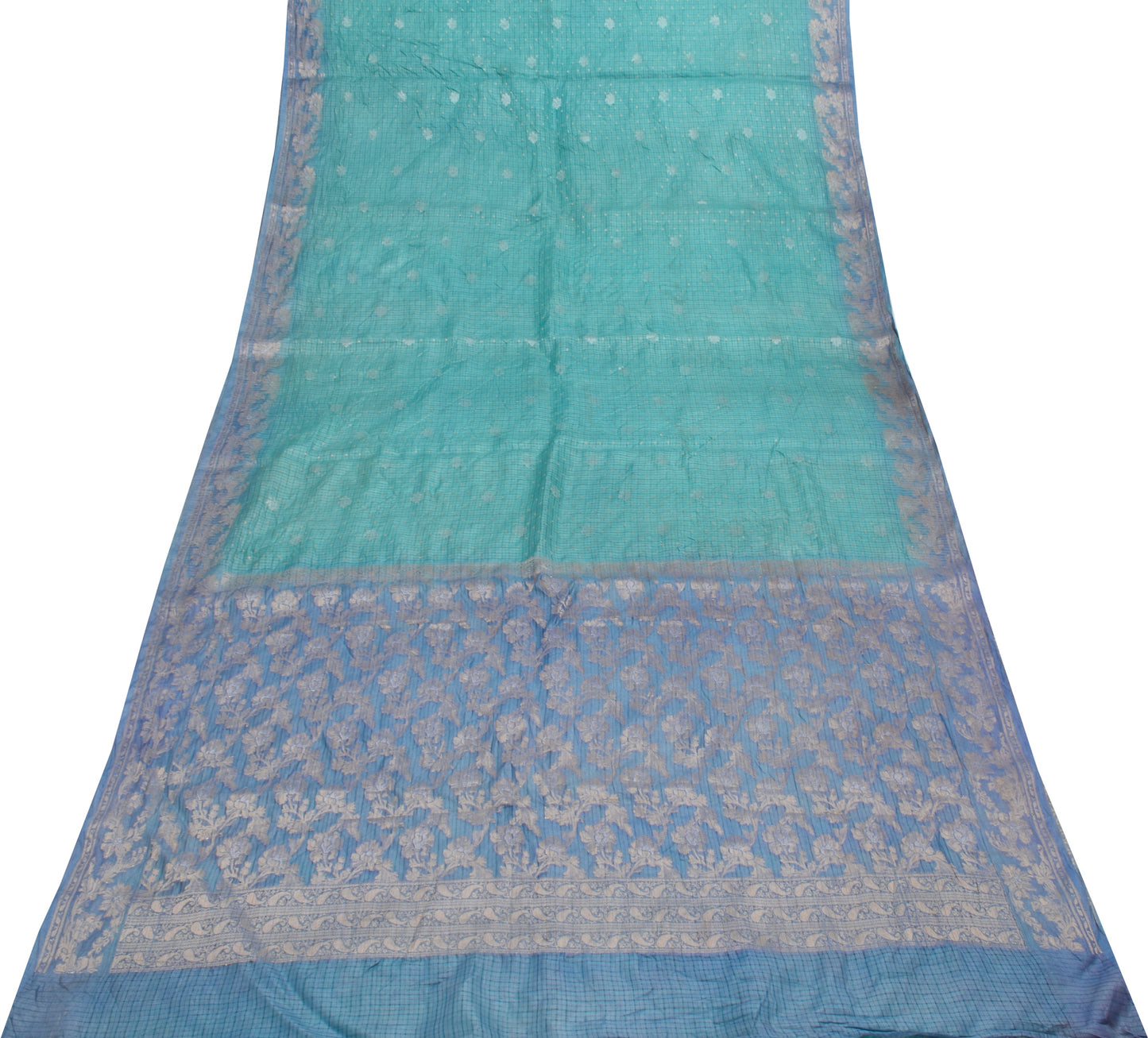 Sushila Vintage Turquoise Blue Scrap Saree Pure Silk Woven Floral Sari Fabric