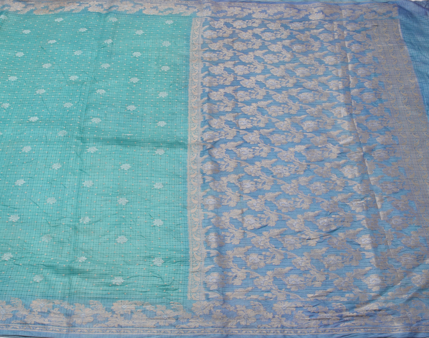 Sushila Vintage Turquoise Blue Scrap Saree Pure Silk Woven Floral Sari Fabric