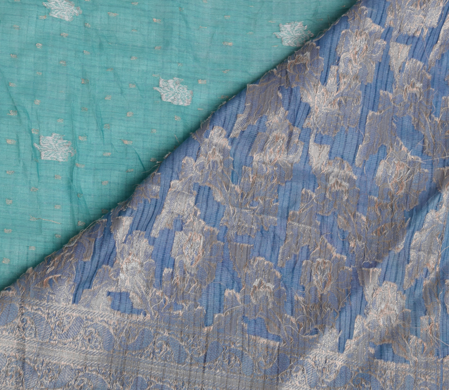 Sushila Vintage Turquoise Blue Scrap Saree Pure Silk Woven Floral Sari Fabric