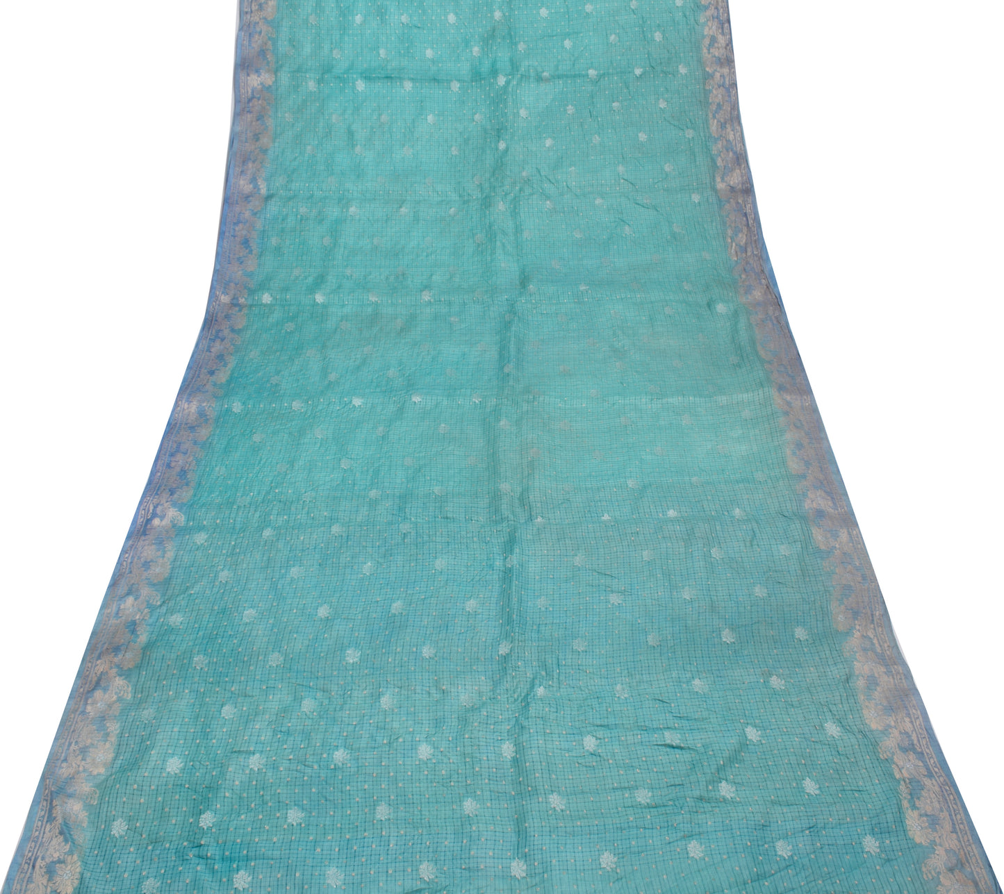 Sushila Vintage Turquoise Blue Scrap Saree Pure Silk Woven Floral Sari Fabric