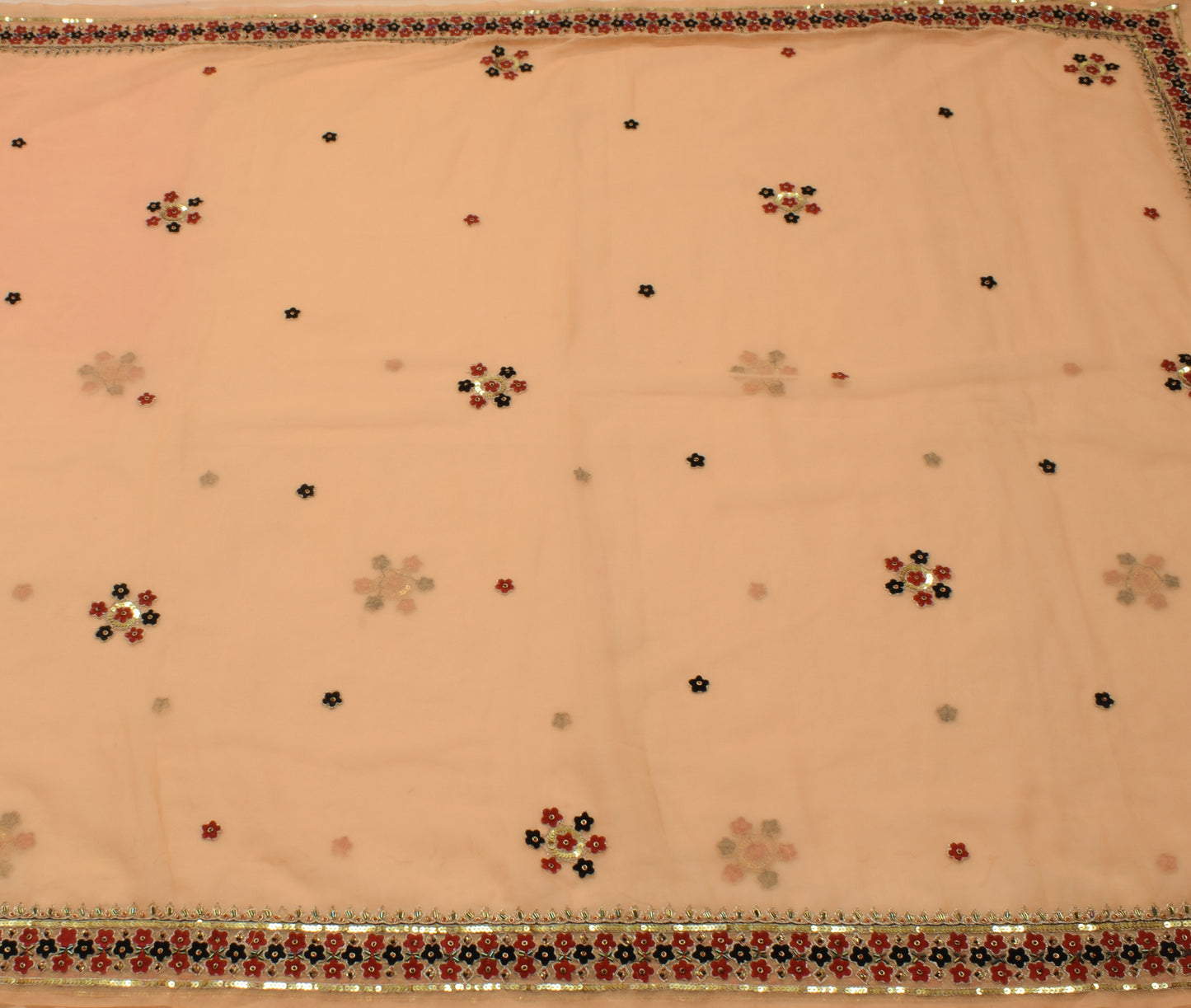 Sushila Vintage Peach Scrap Saree Blend Georgette Hand Beaded Floral Sari Fabric