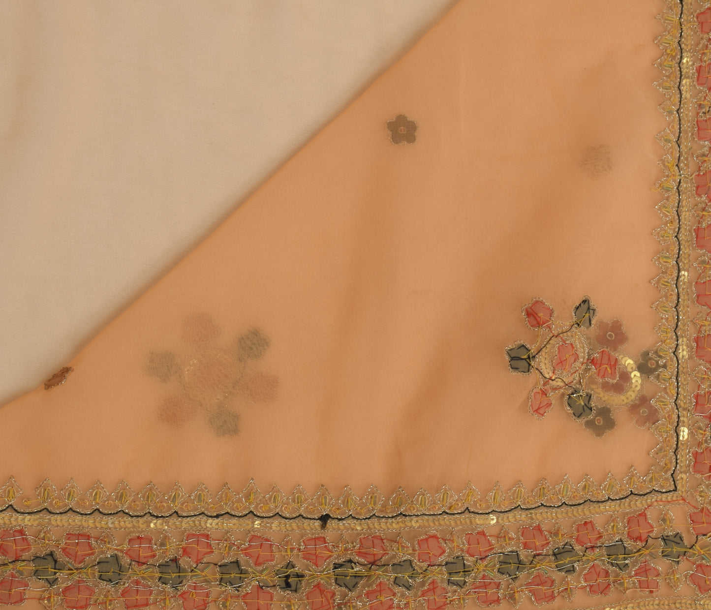 Sushila Vintage Peach Scrap Saree Blend Georgette Hand Beaded Floral Sari Fabric