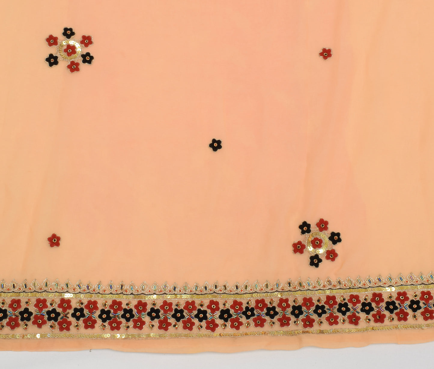 Sushila Vintage Peach Scrap Saree Blend Georgette Hand Beaded Floral Sari Fabric