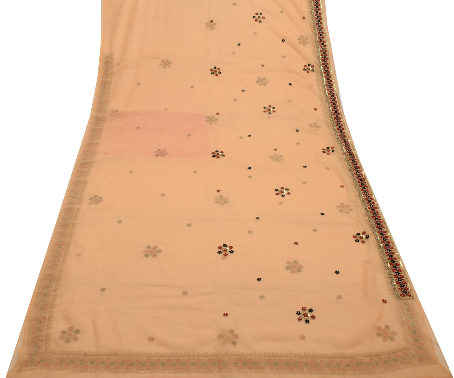 Sushila Vintage Peach Scrap Saree Blend Georgette Hand Beaded Floral Sari Fabric