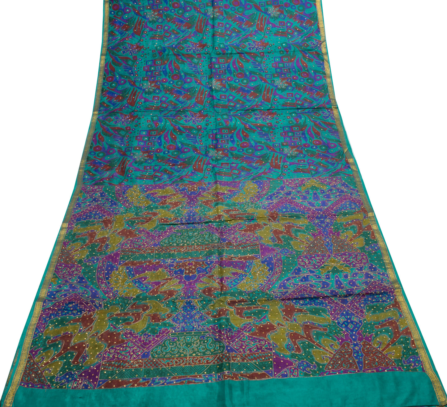 Sushila Vintage Teal Green Scrap Saree Pure Silk Printed Floral Sari 5 YD Fabric