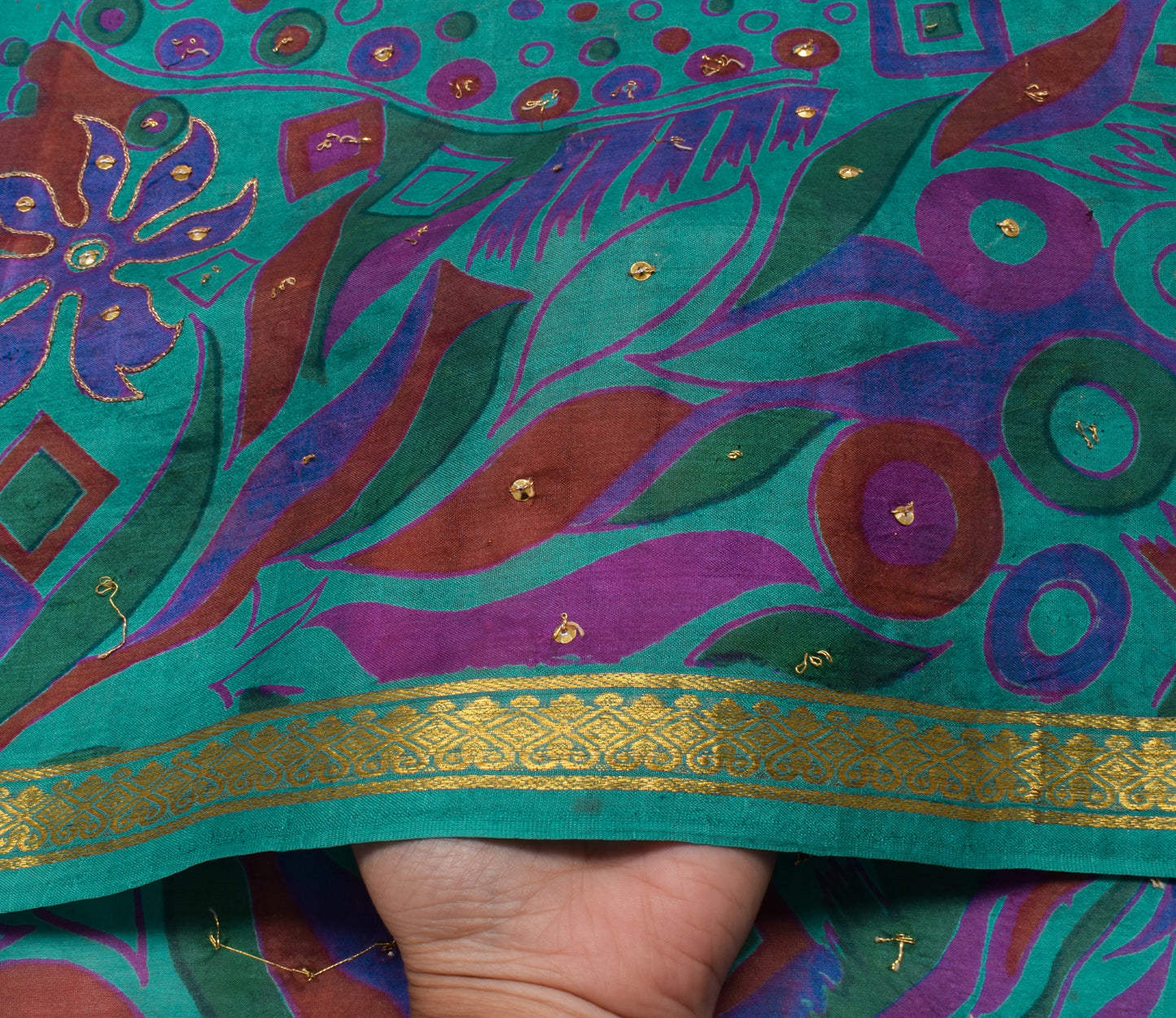 Sushila Vintage Teal Green Scrap Saree Pure Silk Printed Floral Sari 5 YD Fabric