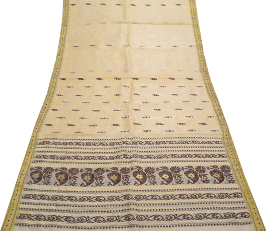 Sushila Vintage Cream Scrap Saree 100% Pure Silk Woven Floral Sari 5 Yard Fabric