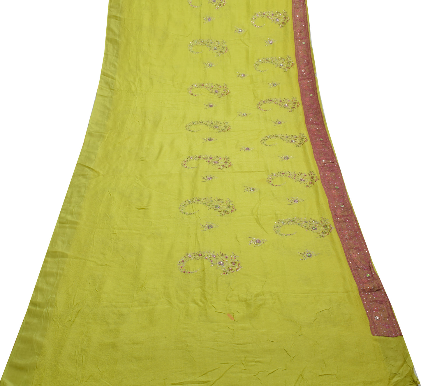 Sushila Vintage Lemon Scrap Saree Pure Sik Self Woven Floral Sari Craft Fabric