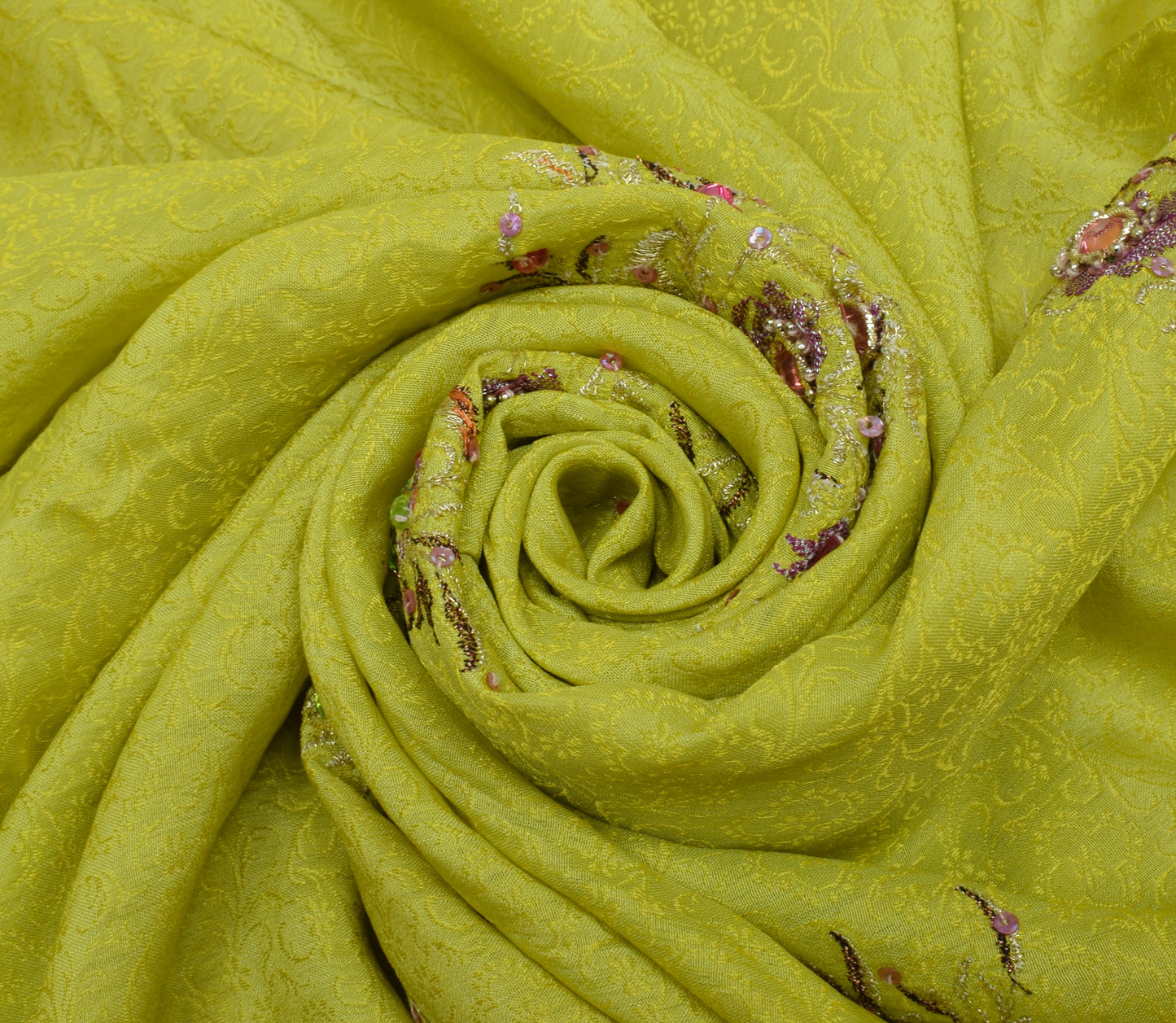 Sushila Vintage Lemon Scrap Saree Pure Sik Self Woven Floral Sari Craft Fabric