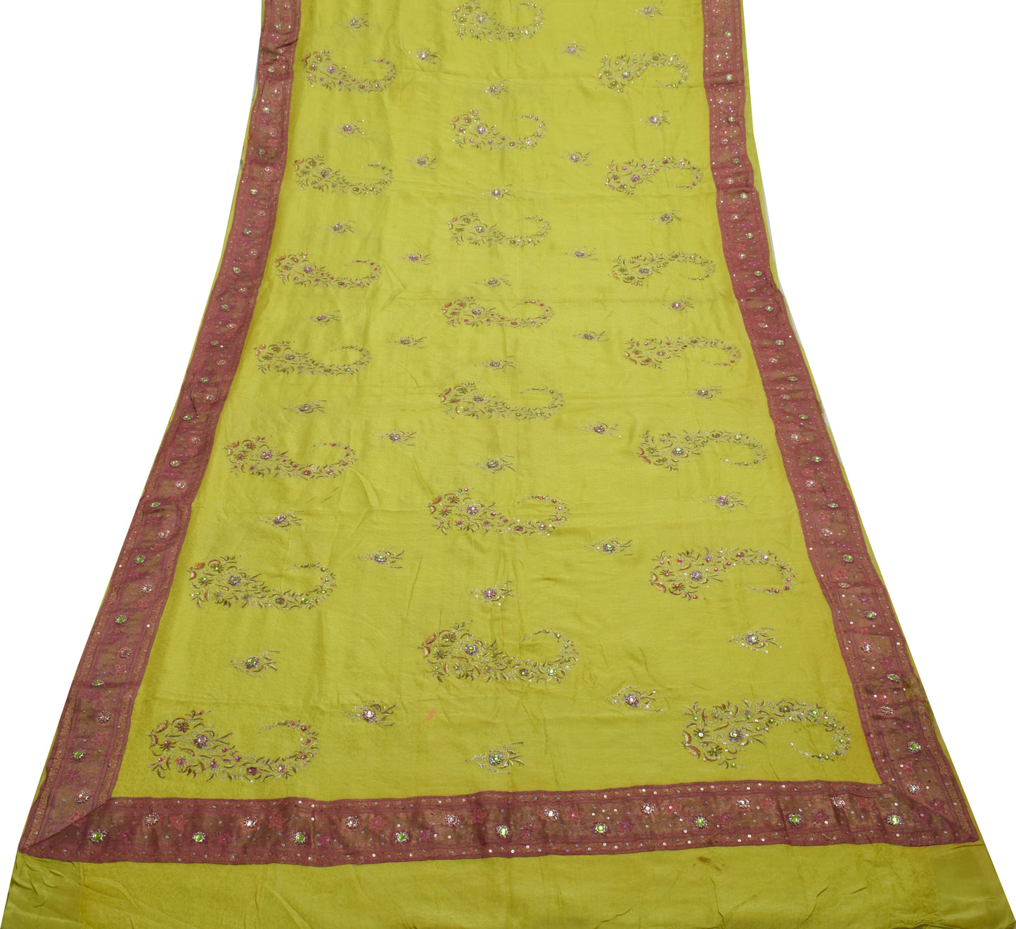 Sushila Vintage Lemon Scrap Saree Pure Sik Self Woven Floral Sari Craft Fabric