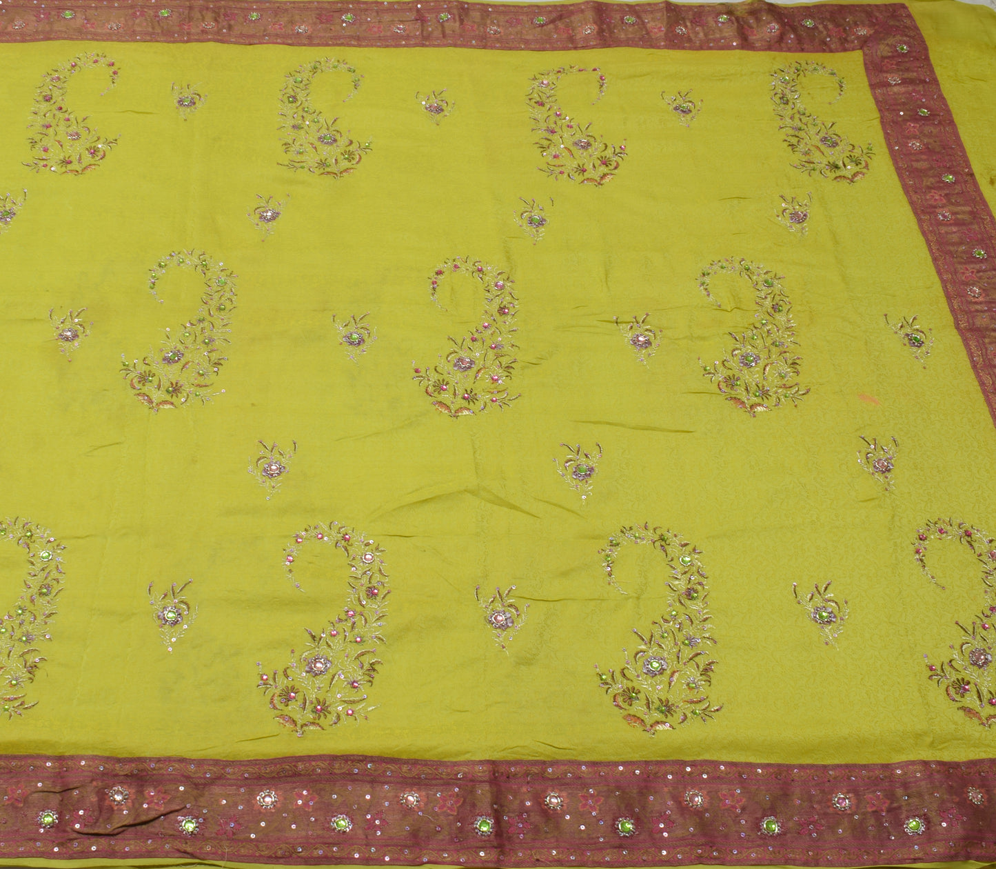 Sushila Vintage Lemon Scrap Saree Pure Sik Self Woven Floral Sari Craft Fabric