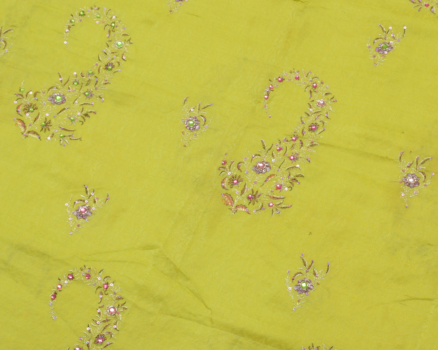 Sushila Vintage Lemon Scrap Saree Pure Sik Self Woven Floral Sari Craft Fabric