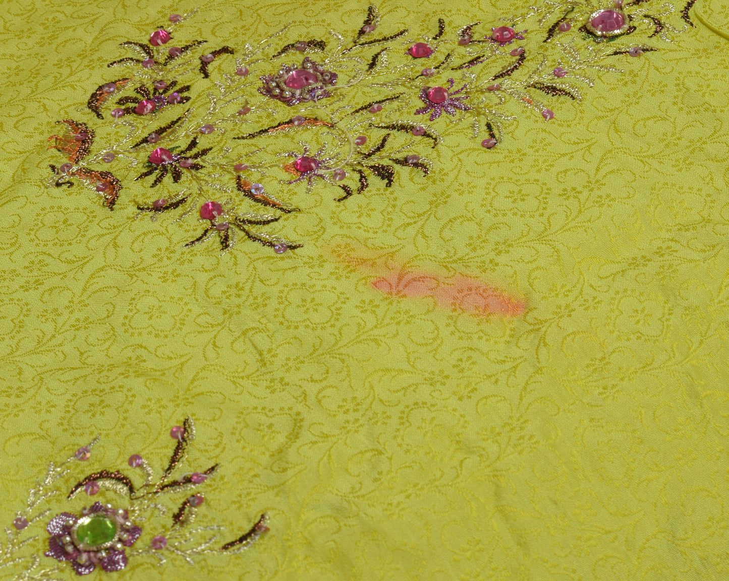 Sushila Vintage Lemon Scrap Saree Pure Sik Self Woven Floral Sari Craft Fabric