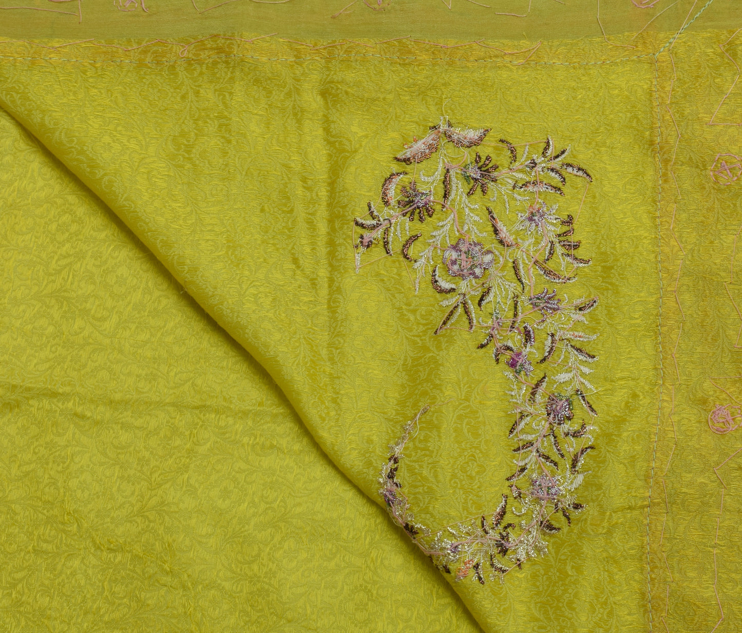 Sushila Vintage Lemon Scrap Saree Pure Sik Self Woven Floral Sari Craft Fabric