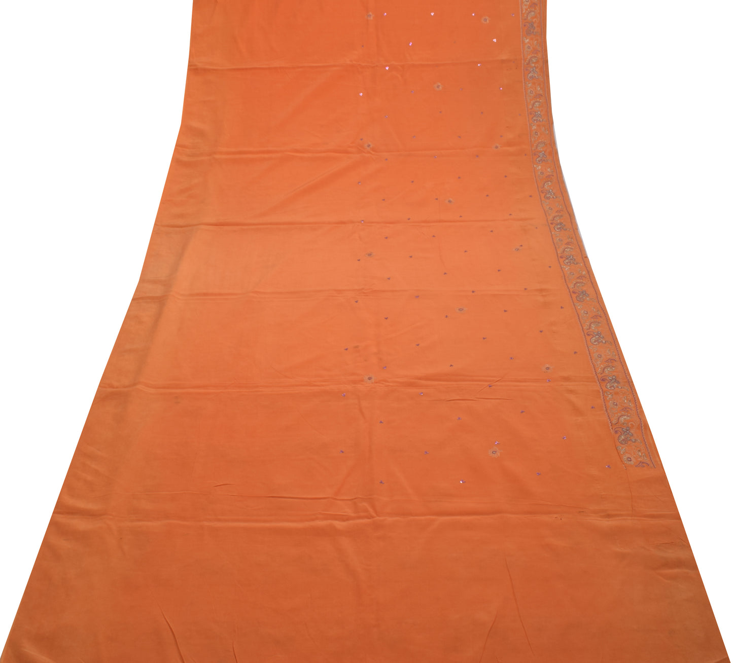 Sushila Vintage Orange Scrap Saree 100% Pure Crepe Silk Embroidered Sari Fabric