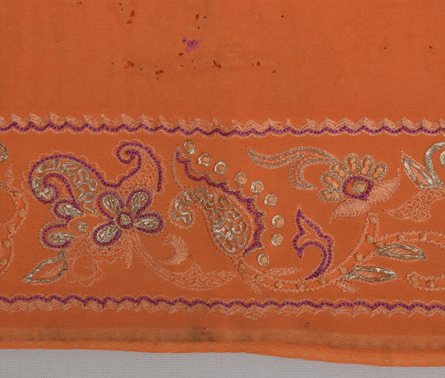 Sushila Vintage Orange Scrap Saree 100% Pure Crepe Silk Embroidered Sari Fabric