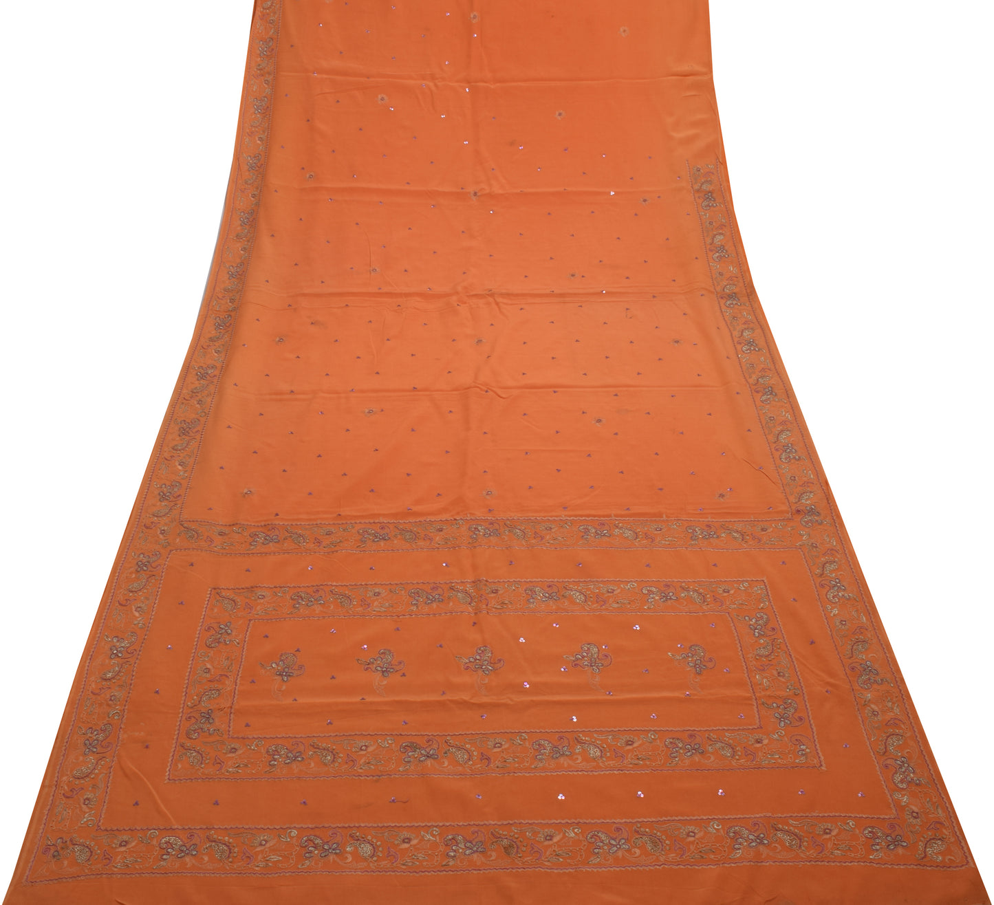 Sushila Vintage Orange Scrap Saree 100% Pure Crepe Silk Embroidered Sari Fabric