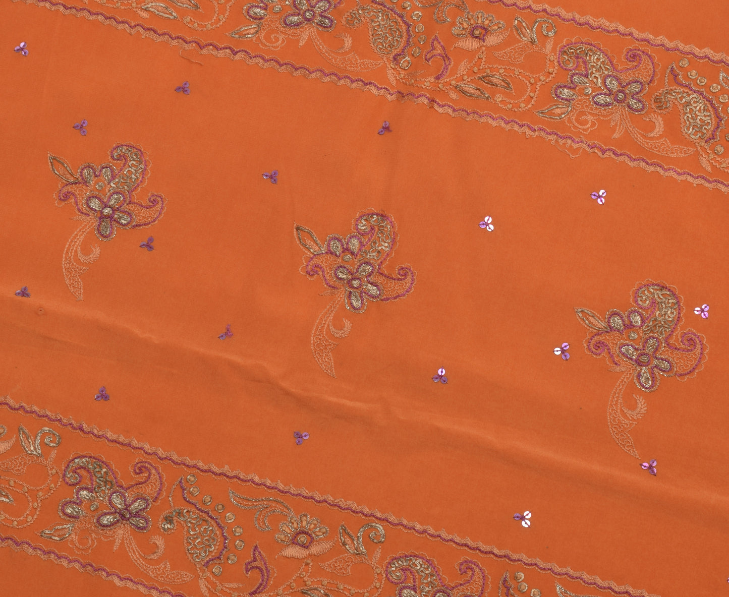 Sushila Vintage Orange Scrap Saree 100% Pure Crepe Silk Embroidered Sari Fabric