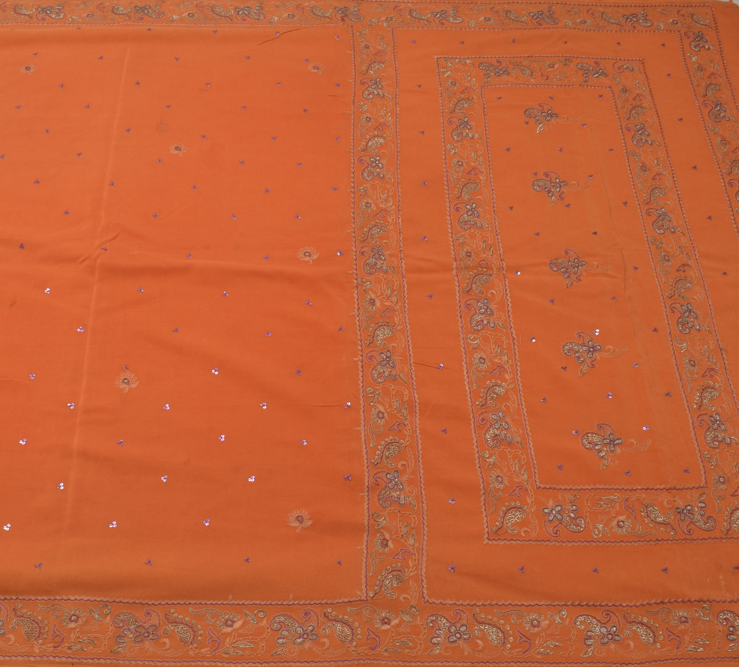 Sushila Vintage Orange Scrap Saree 100% Pure Crepe Silk Embroidered Sari Fabric