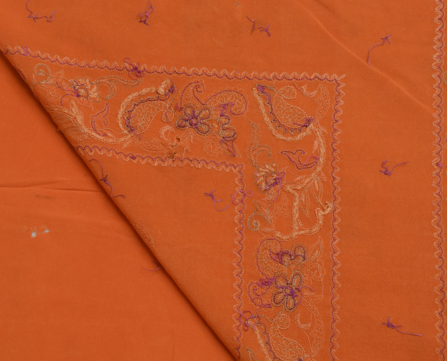 Sushila Vintage Orange Scrap Saree 100% Pure Crepe Silk Embroidered Sari Fabric