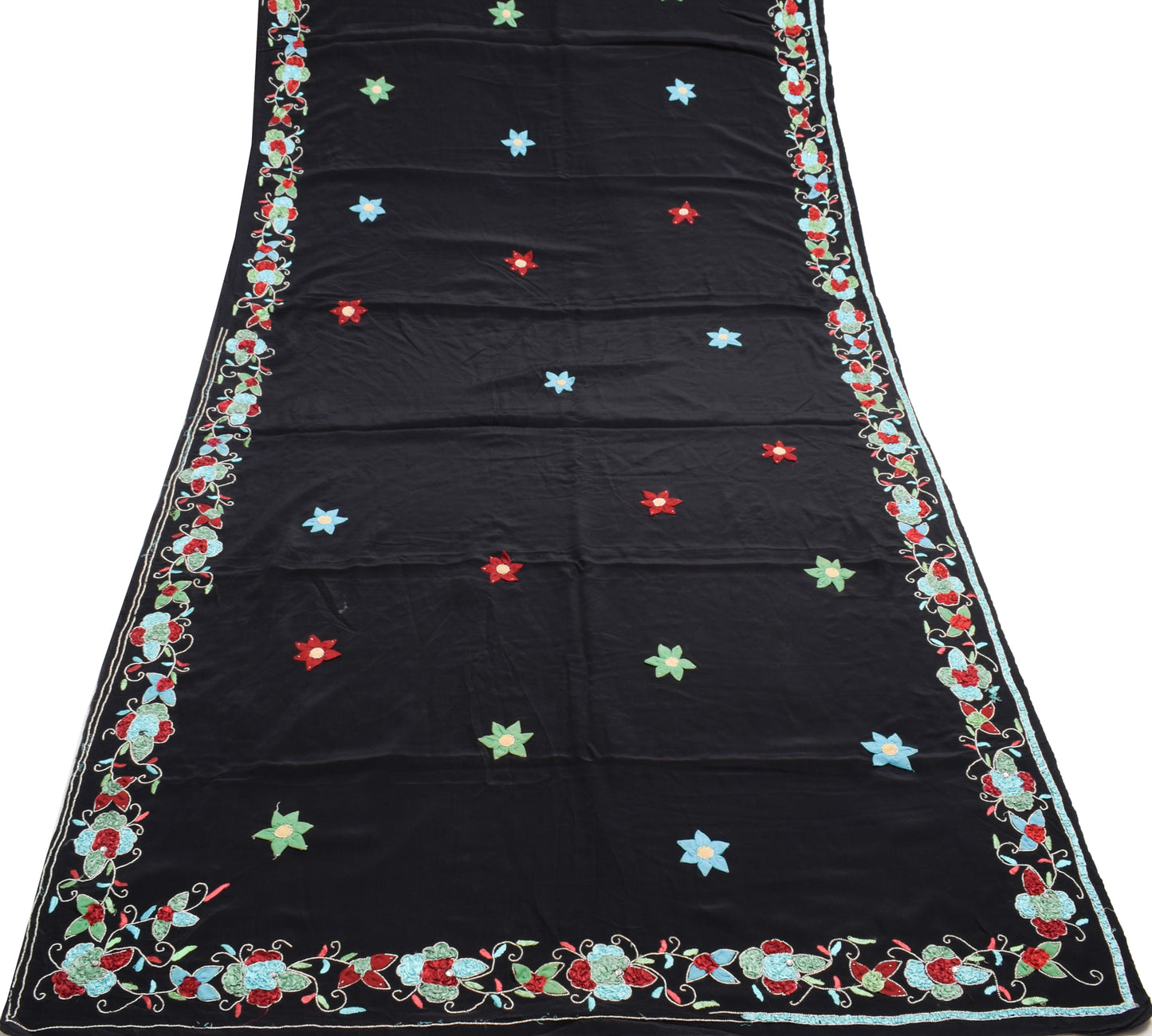 Sushila Vintage Black Scrap Saree 100% Pure Crepe Hand Embroidered Sari Fabric