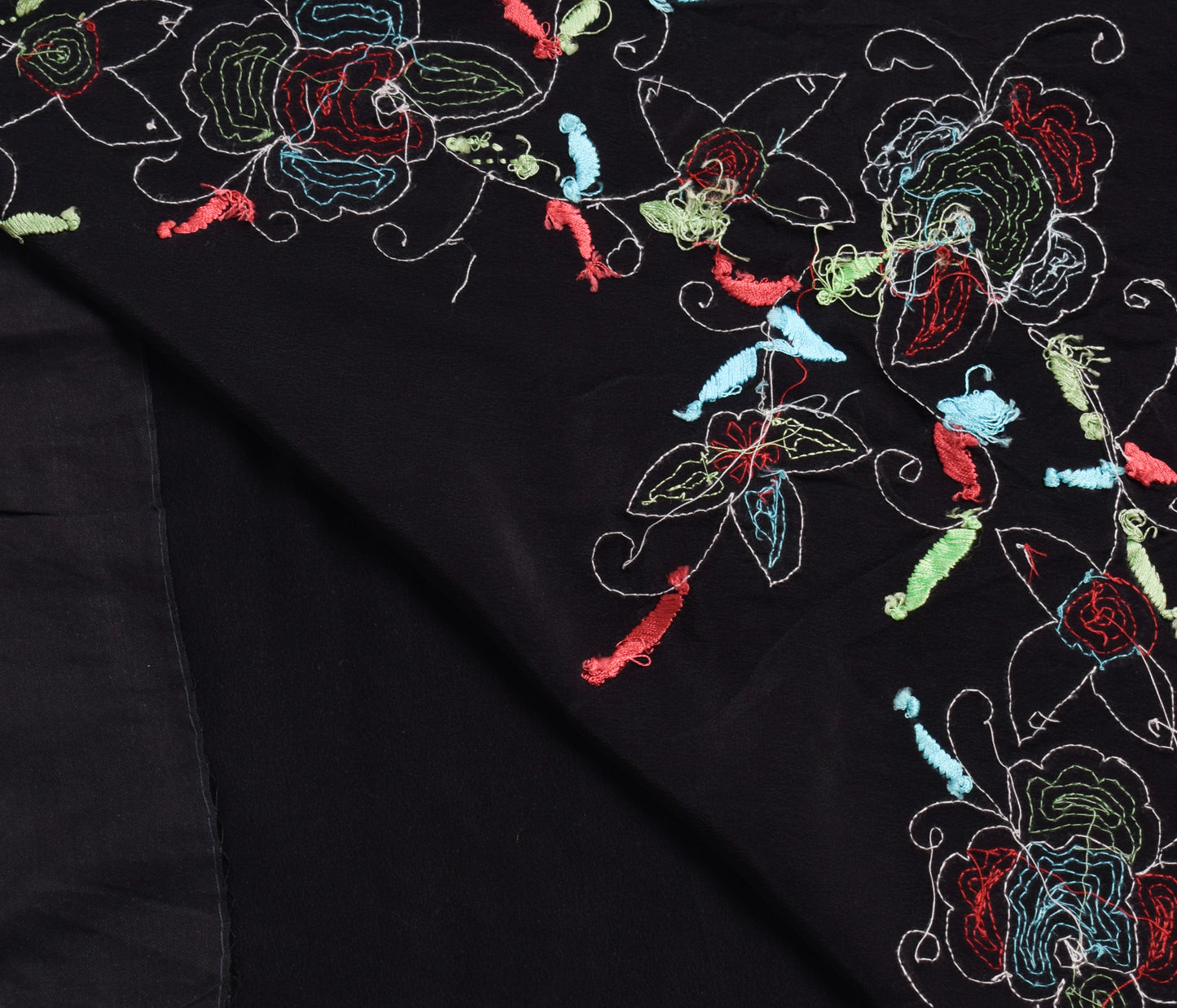 Sushila Vintage Black Scrap Saree 100% Pure Crepe Hand Embroidered Sari Fabric