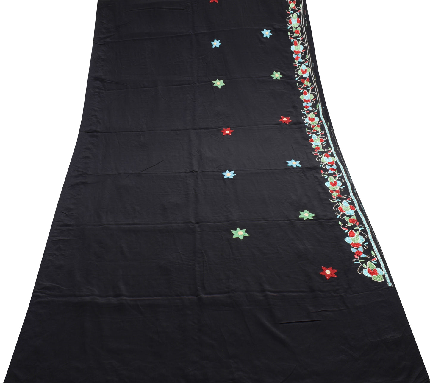 Sushila Vintage Black Scrap Saree 100% Pure Crepe Hand Embroidered Sari Fabric