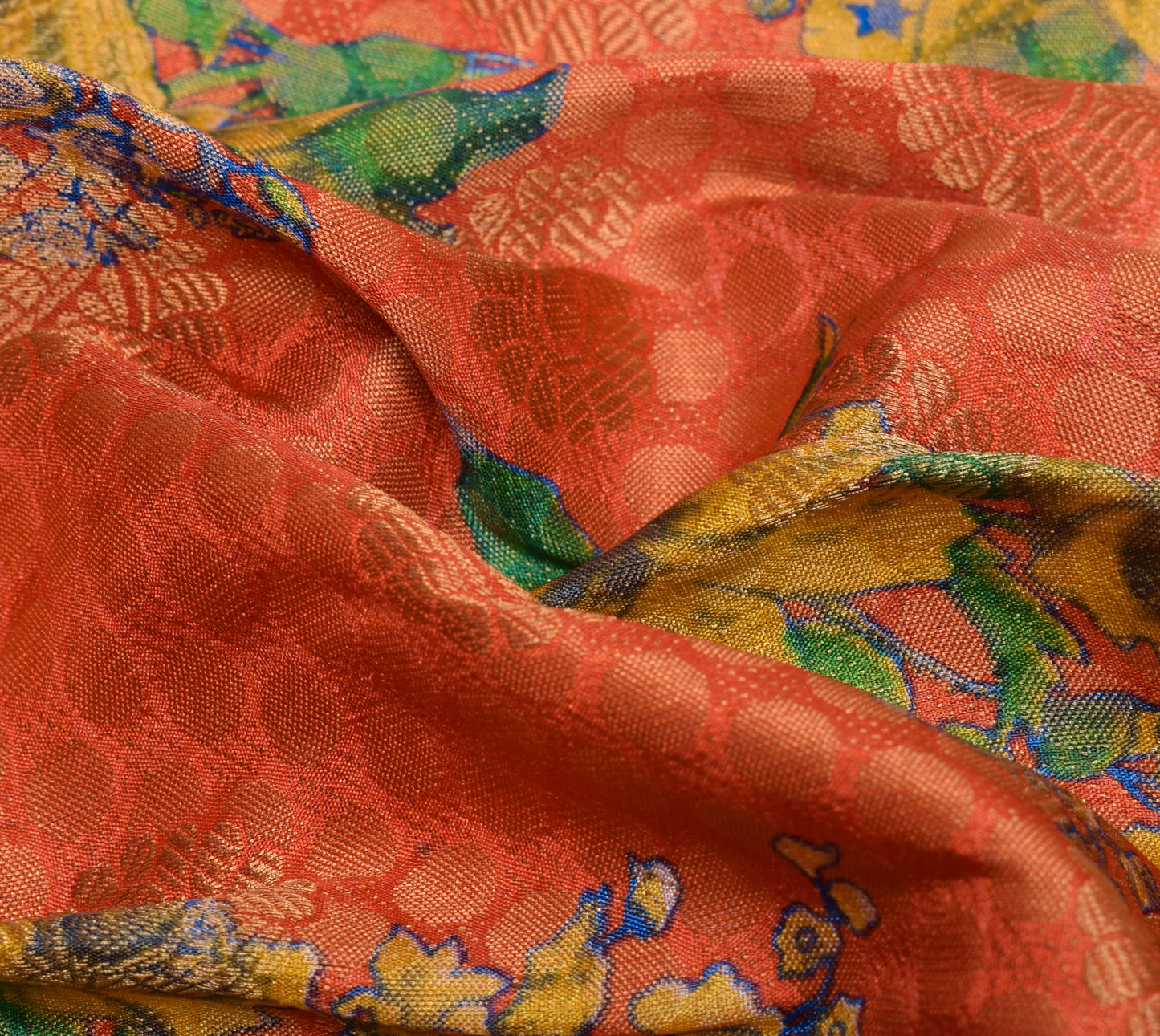 Sushila Vintage Orange & Blue Scrap Saree Art Silk Woven Floral Sari Fabric