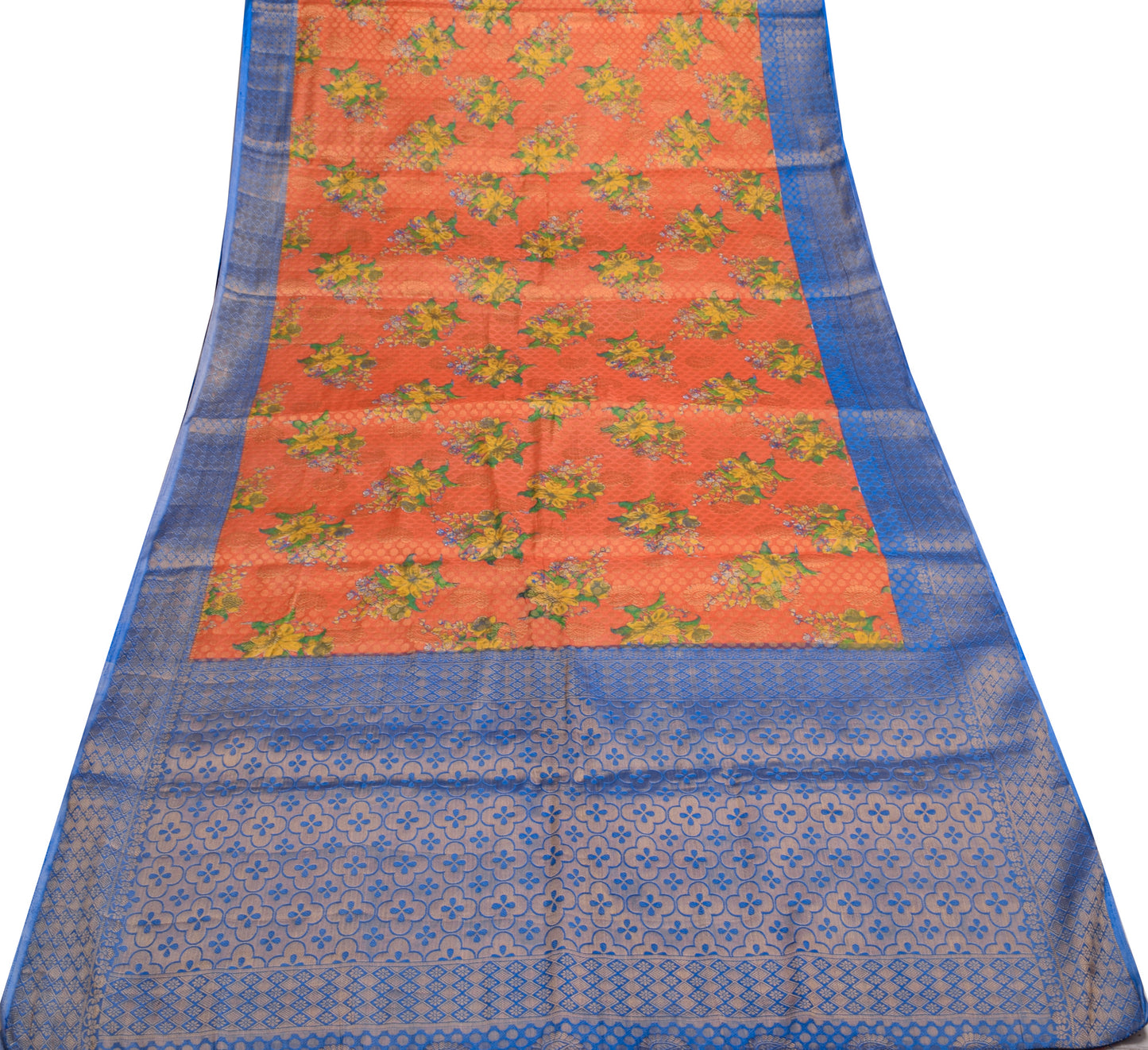 Sushila Vintage Orange & Blue Scrap Saree Art Silk Woven Floral Sari Fabric