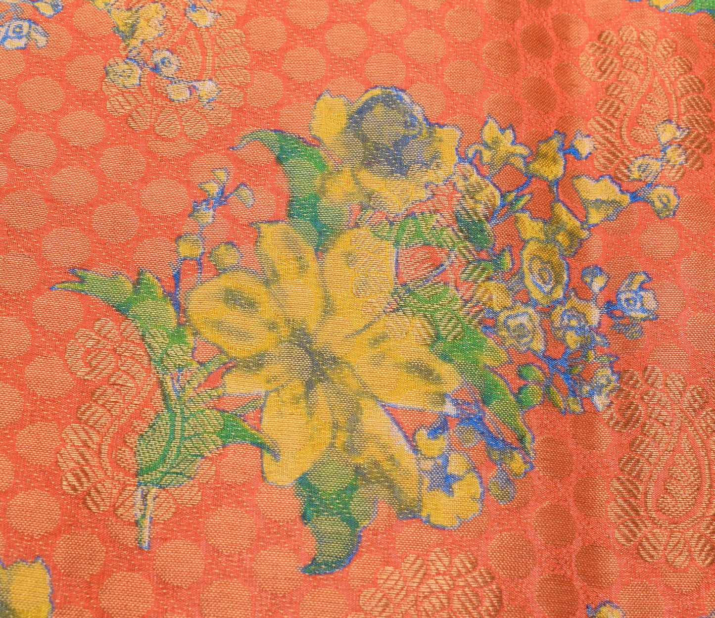 Sushila Vintage Orange & Blue Scrap Saree Art Silk Woven Floral Sari Fabric