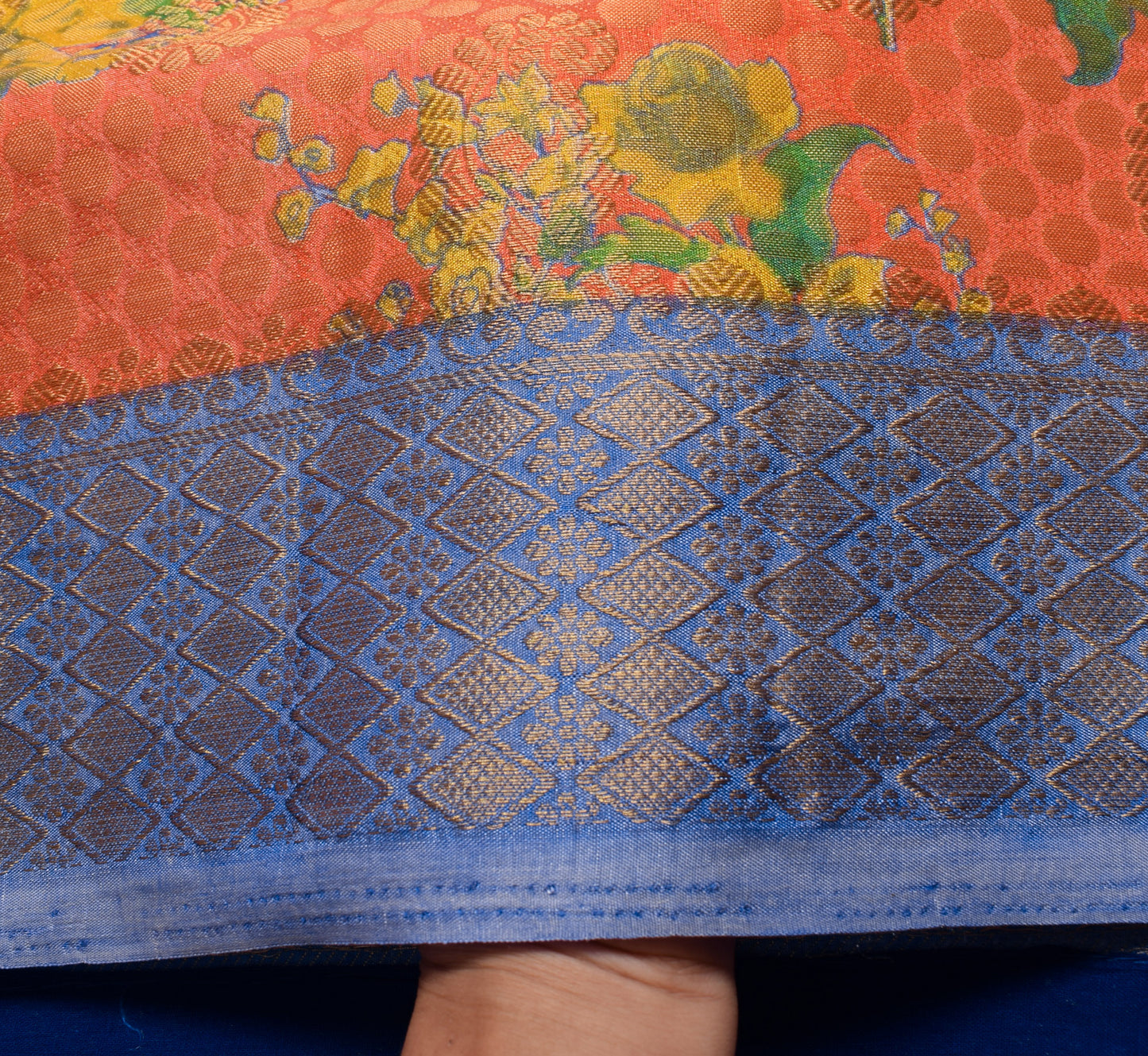 Sushila Vintage Orange & Blue Scrap Saree Art Silk Woven Floral Sari Fabric