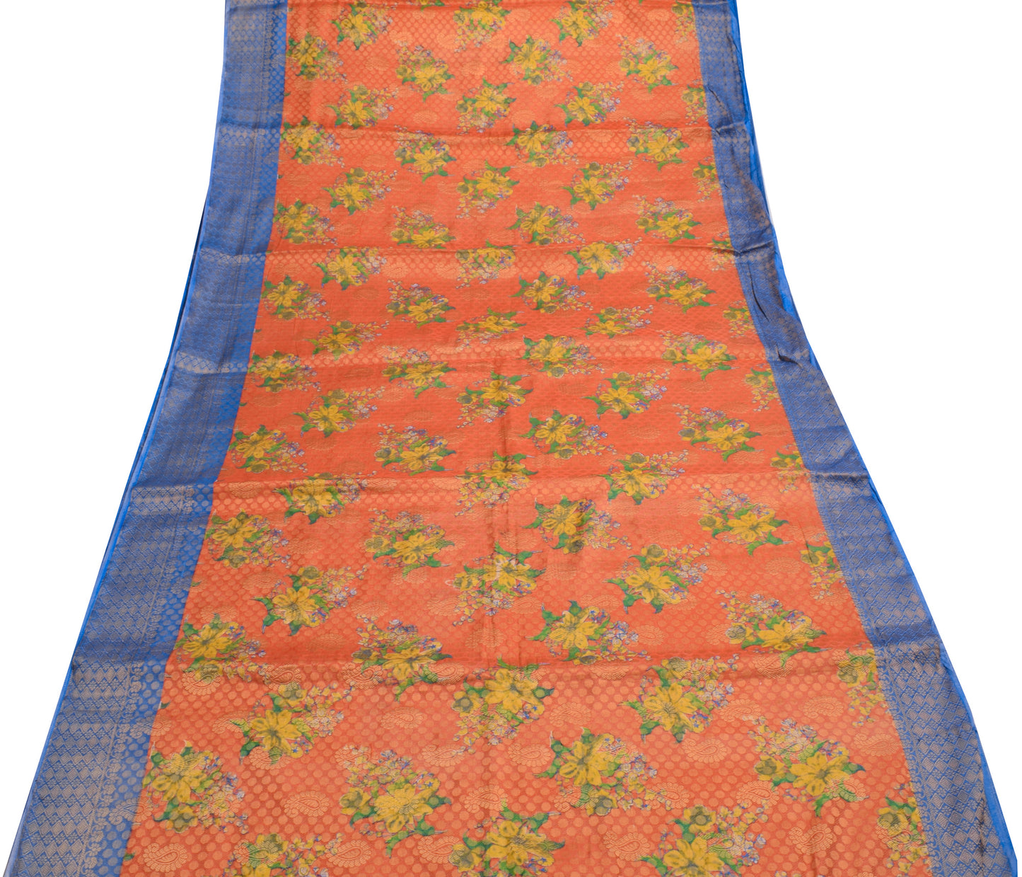 Sushila Vintage Orange & Blue Scrap Saree Art Silk Woven Floral Sari Fabric