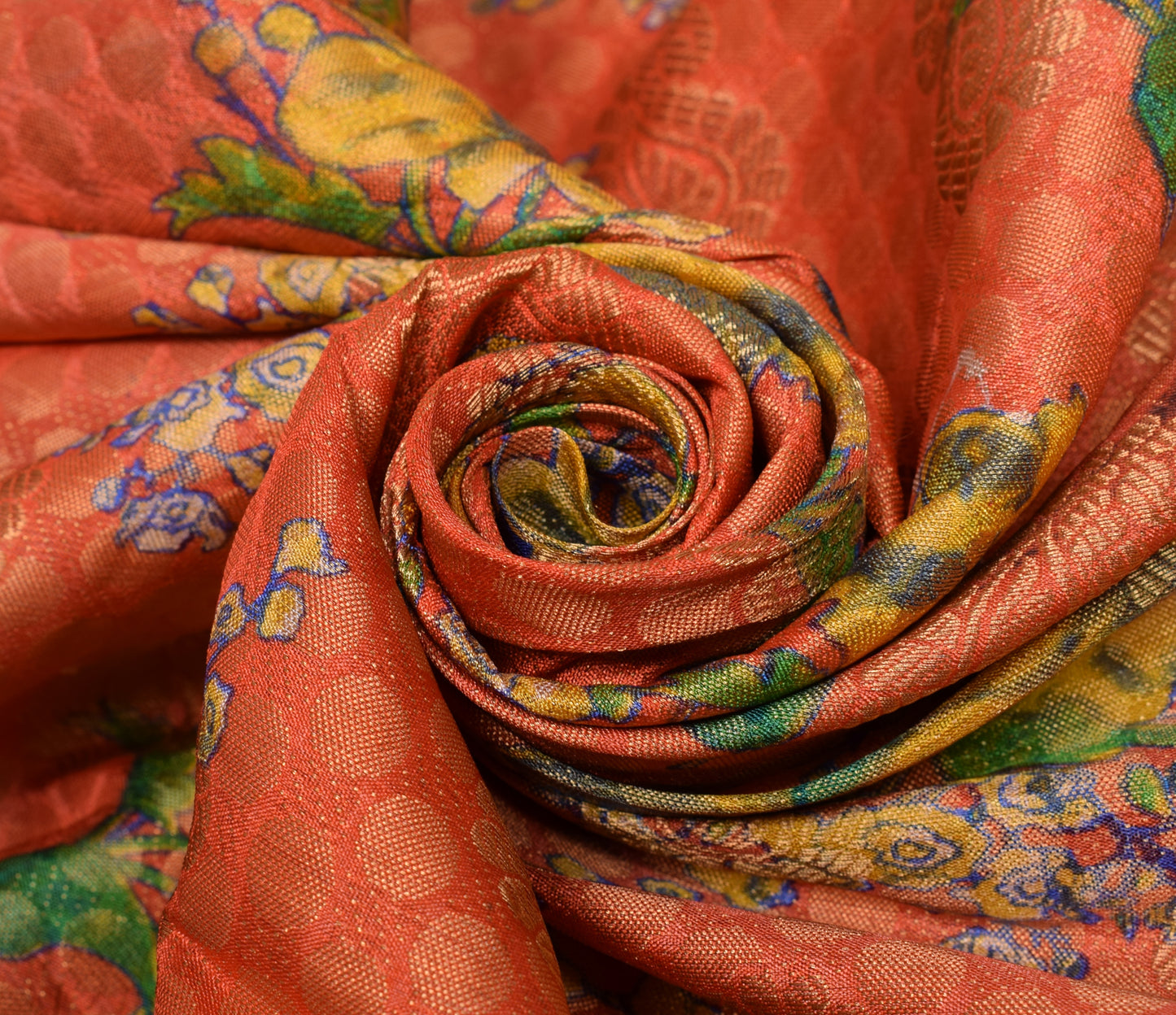 Sushila Vintage Orange & Blue Scrap Saree Art Silk Woven Floral Sari Fabric