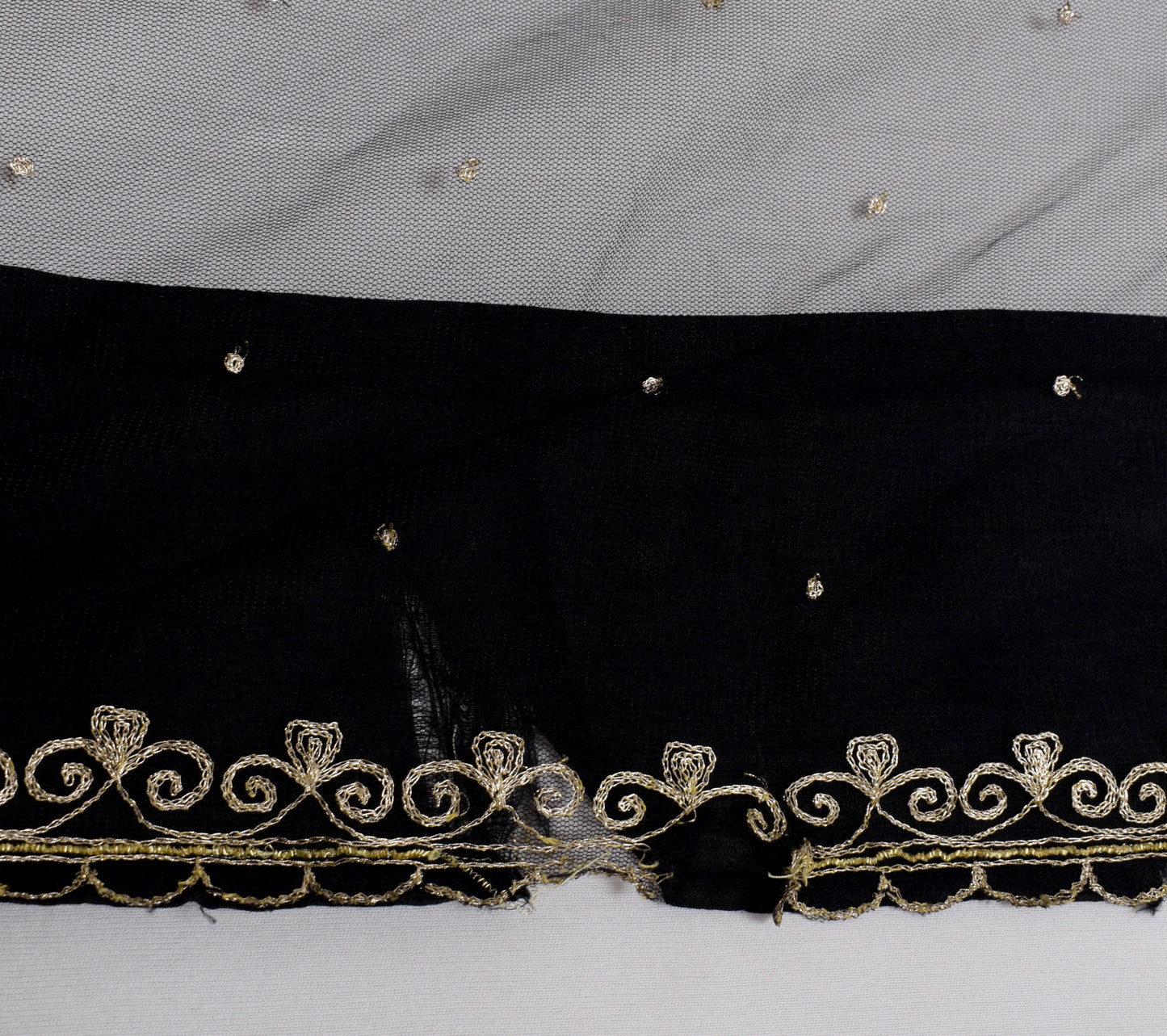 Sushila Vintage Black Scrap Saree Net Mesh Floral Hand Beaded Sari Craft Fabric