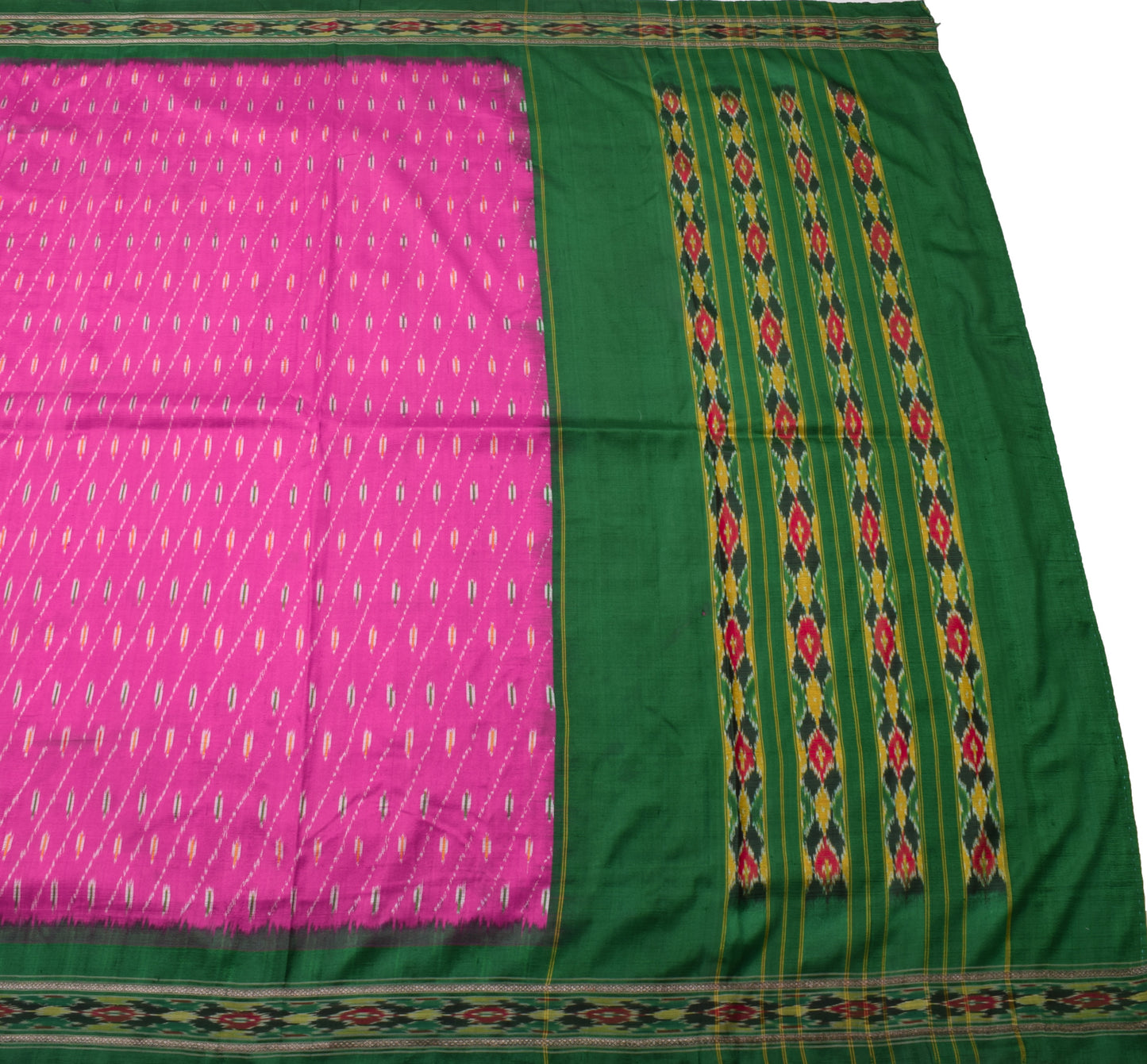 Sushila Vintage Fuchsia Scrap Saree Pure Silk Hand Woven Ikkat Patola Fabric