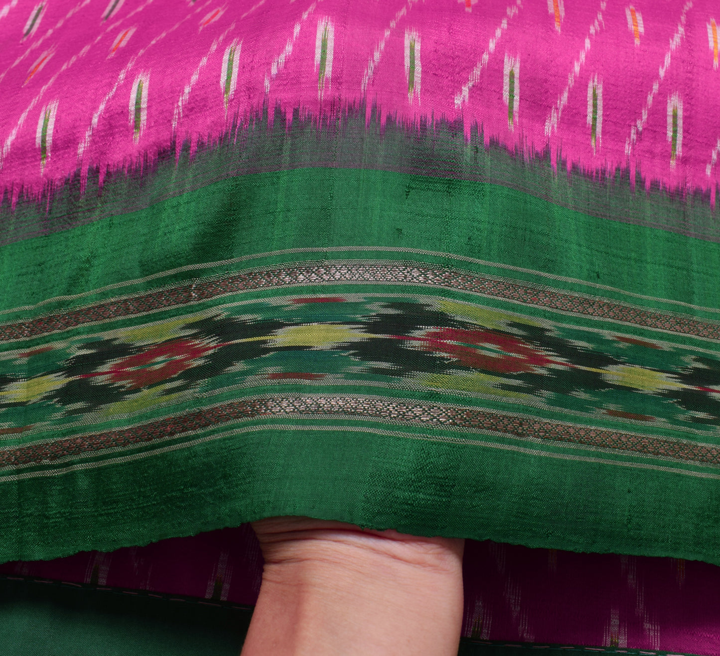 Sushila Vintage Fuchsia Scrap Saree Pure Silk Hand Woven Ikkat Patola Fabric