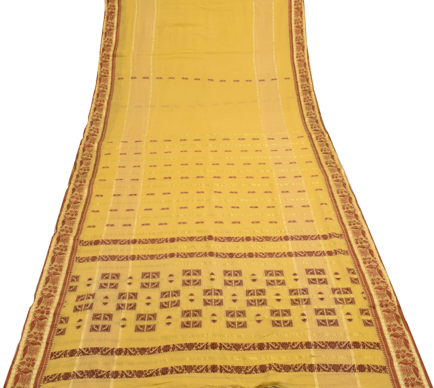 Sushila Vintage Yellow Scrap Saree 100%Pure Cotton Woven Floral Soft Sari Fabric