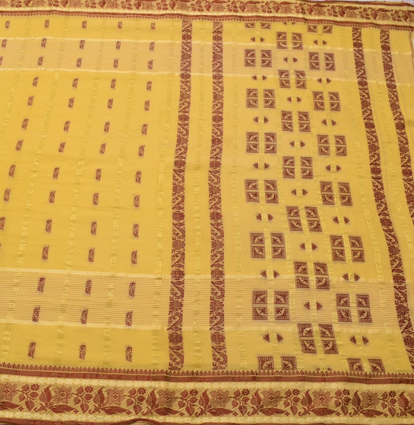 Sushila Vintage Yellow Scrap Saree 100%Pure Cotton Woven Floral Soft Sari Fabric