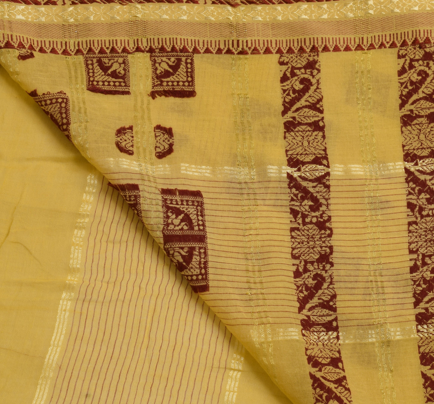 Sushila Vintage Yellow Scrap Saree 100%Pure Cotton Woven Floral Soft Sari Fabric