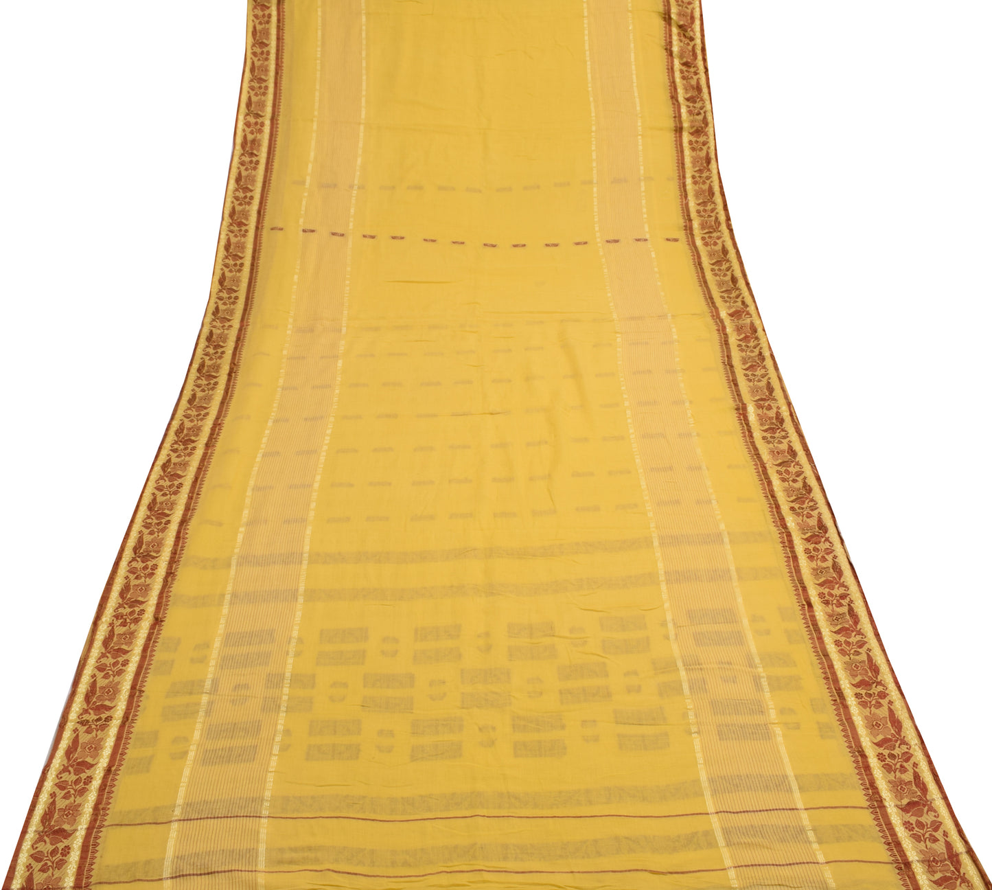 Sushila Vintage Yellow Scrap Saree 100%Pure Cotton Woven Floral Soft Sari Fabric